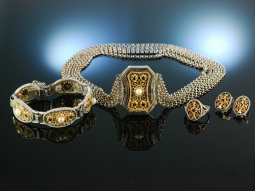 Vom Tegernsee um 1980! Trachtenschmuck Set aus Kropfkette Armband Ohrclipsen Ring Silber vergoldet Granat