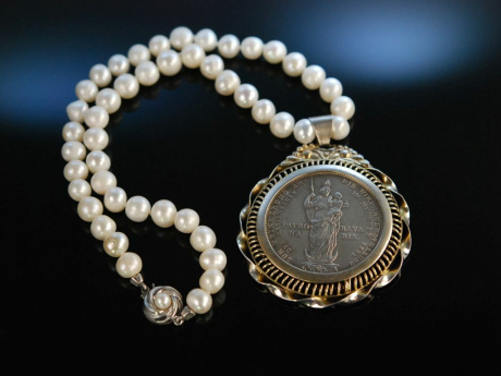 Patrona Bavariae! Schne Kette zur Tracht Zuchtperlen Mariengulden Silber Prien um 1980