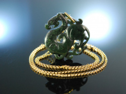 Lucky Dragon! Jade Drachen Anh&auml;nger Pendant mit langer Kette Silber 925 vergoldet