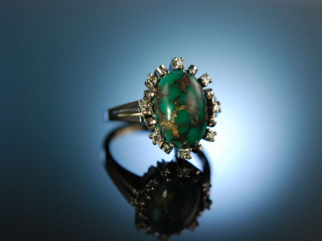 Um 1965! Schicker Vintage Ring Weiß Gold 585 Türkis Diamanten