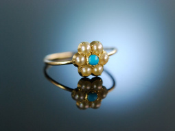 My lovely! Antiker Verlobungs Engagement Ring Gold 15 Kt Saatperlen T&uuml;rkis um 1900