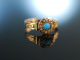 Zarte Bande! Historischer Verlobungs Ring um 1860 Gold 585 Türkis Saatperlen