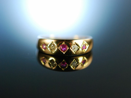 My Darling! Antiker Freundschafts Band Ring Rubine Diamanten Gold 750 England um 1910