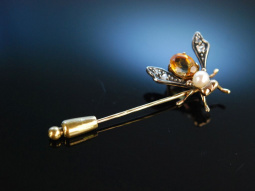 Honig Biene um 1900! Sch&ouml;ne Revers Krawatten Nadel Gold 585 Diamanten Citrin und Perle