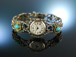 Zum Dirndl! H&uuml;bsche Trachten Uhr Mirabell Handaufzug Silber 835 teils vergoldet T&uuml;rkise