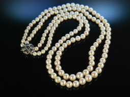 Classique Pearls! Edle 2reihige Akoja Zuchtperlen Kette Zierschlie&szlig;e Gold 585 Saphire