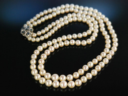 Classique Pearls! Edle 2reihige Akoja Zuchtperlen Kette Zierschlie&szlig;e Gold 585 Saphire