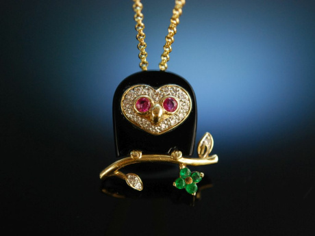 Little Owl! H&uuml;bscher Eulen Anh&auml;nger Gold 585 Diamanten Rubine Smaragde mit Kette Silber vergoldet