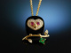 Little Owl! H&uuml;bscher Eulen Anh&auml;nger Gold 585 Diamanten Rubine Smaragde mit Kette Silber vergoldet