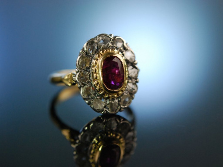 Red Love! Antiker Engagement Verlobungs Ring um 1880 Gold 750 Rubin Diamanten