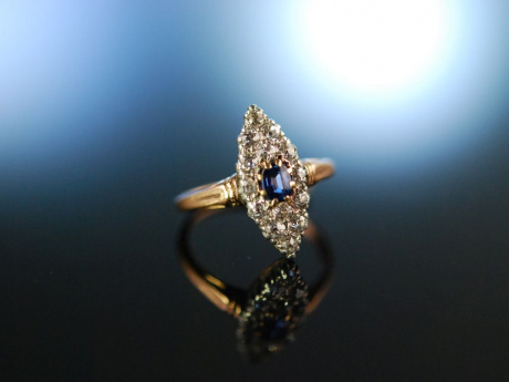 Antikes Schiffchen! Schöner Navette Ring um 1910 Gold 585 Saphir Diamanten