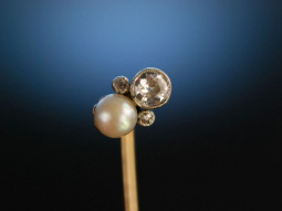 Sehr edel! Historische Revers Krawatten Nadel Gold 585 Diamanten Orient Perle um 1910