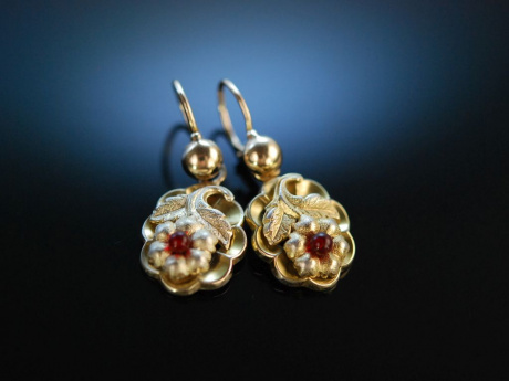 Österreich um 1850! Hübsche Biedermeier Ohrringe Silber vergoldet Blütenmotive Granate