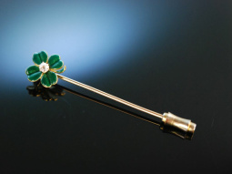 Shamrock um 1900! Revers Krawatten Nadel Gold 585 Kleeblatt Email Diamant