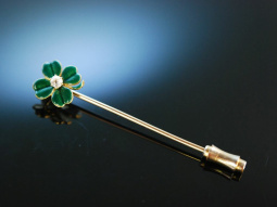 Shamrock um 1900! Revers Krawatten Nadel Gold 585 Kleeblatt Email Diamant