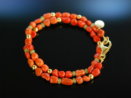 Fancy Coral! Armband 2reihig Sardegna Koralle Peridot Silber 925 vergoldet