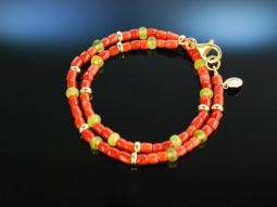 Fancy Coral! Armband 2reihig Sardegna Koralle Jade Silber 925 vergoldet