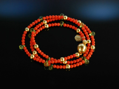 Finest Sardegna Coral! Fancy Armband 3reihig Peridot Tropfen Silber 925 vergoldet