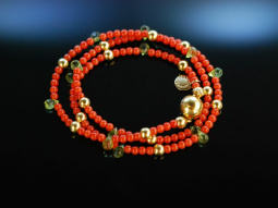 Finest Sardegna Coral! Fancy Armband 3reihig Peridot Tropfen Silber 925 vergoldet