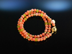 Pink Coral! Fancy Armband 3reihig ros&eacute;farbene Koralle Jade Silber 925 vergoldet