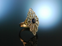 Um 1930! Navette Ring Gold 750 Platin Saphir Diamanten