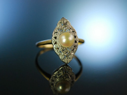 My Lovely! Verlobungs Engagement Ring um 1910 Gold 585 Platin Naturperle Diamanten