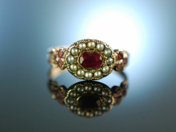 Empire Beauty! Historischer Ring um 1780 Gold 9 Kt Saatperlen Rubin Granate