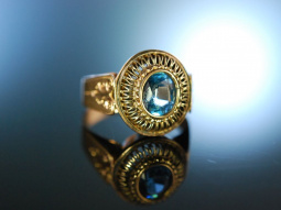 Um 1930! Sch&ouml;ner Ring Rot Gold 585 aquamarinblauer synthetischer Verneuil Spinell