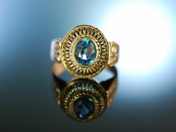 Um 1930! Sch&ouml;ner Ring Rot Gold 585 aquamarinblauer synthetischer Verneuil Spinell