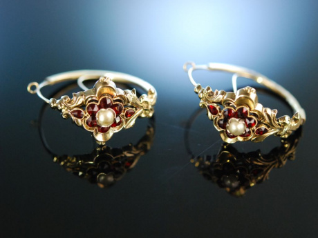 Münchner Biedermeier! Historische Ohrringe Schaumgold 585 Granate Simili Perlen um 1850