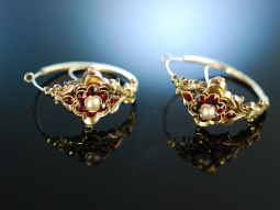 M&uuml;nchner Biedermeier! Historische Ohrringe Schaumgold 585 Granate Simili Perlen um 1850