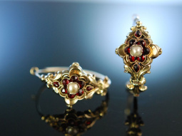 M&uuml;nchner Biedermeier! Historische Ohrringe Schaumgold 585 Granate Simili Perlen um 1850