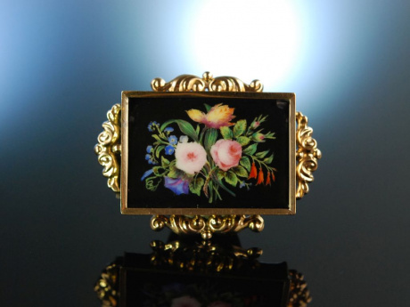 München um 1850! Porzellan Brosche mit Blumen Gold 585