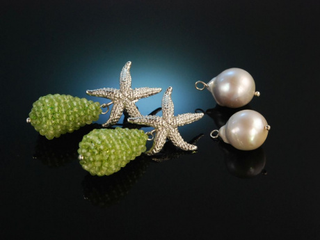 Sea Stars! Seestern Ohrringe zum Wechseln Silber 925 Zuchtperlen und Peridot Tropfen
