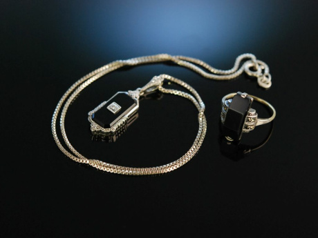 Art Deco um 1925! Anh&auml;nger mit Kette und Ring Onyx Diamant Silber Gold 333