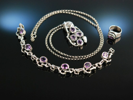 Sixties! Oly Modernist Set Bracelet Pendant with chain and ring Silver 835 Amethyst