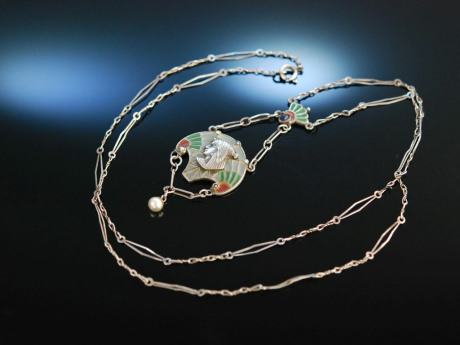 Um 1910! Jugendstil Plique  jour Collier im gyptischen Stil Silber 800 Fenster Email