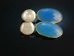 Icy Blue! Sch&ouml;ne Ohrringe Silber 925 vergoldet Zucht Perlen Blau Achat