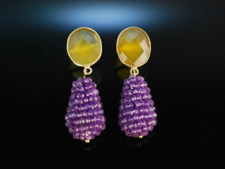 Lemon and Violet! Schicke Ohrringe Silber 925 vergoldet Achat und Amethyst