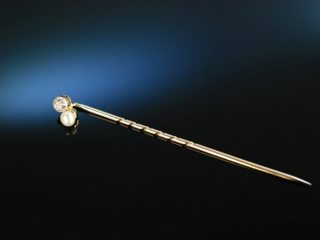 Um 1910! Edle Reversnadel Tie Pin Gold 585 Altschliff Diamant Orient Perle