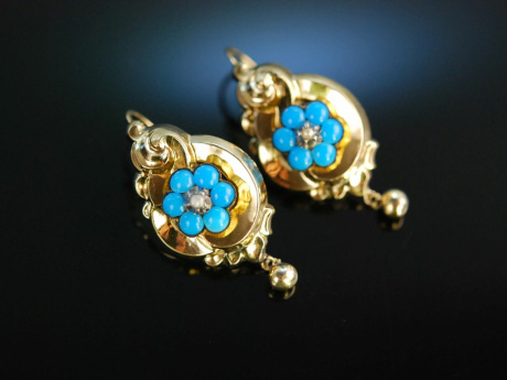 Mnchner Biedermeier um 1850! Ohrringe Schaumgold 333 Saatperlen trkise Ziersteine