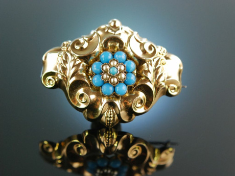 Munich Biedermeier around 1850! Brooch foam gold 333 seed beads turquoise ornamental stones