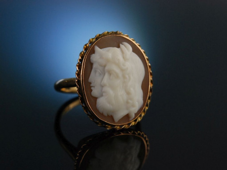 England um 1860! Antiker Gemmen Ring Rotgold 9 Kt Muschel Kamee mit Götterpaar Zeus und Hera