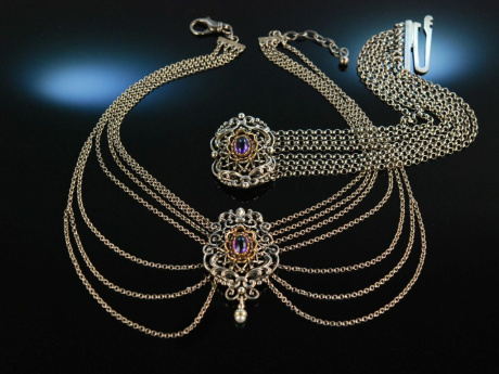 Wundersch&ouml;n zur Tracht! Dirndl Kette und Armband Silber 835 Amethyst teilvergoldet M&uuml;nchen um 1950