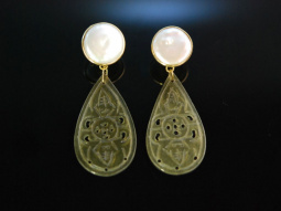 Pearls and Jade! Schicke Ohrringe Silber 925 vergoldet Zuchtperlen olivgr&uuml;ne Jade
