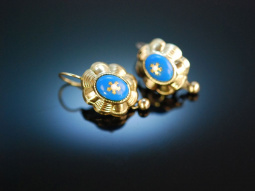 Zartes Biedermeier! Antike Ohrringe um 1850 Schaum Gold 585 Blauer Glasfluss