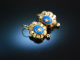 Zartes Biedermeier! Antike Ohrringe um 1850 Schaum Gold 585 Blauer Glasfluss