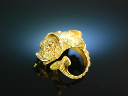 Fabulous Fish! Riesiger Fisch Vintage Ring um 1960 Gold 900