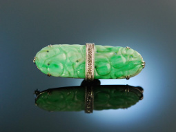 England um 1910! Traumhafte Chinesische Jade Brosche Wei&szlig; Gold 9 Kt Diamanten