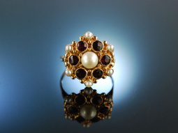 Holland um 1900! Wundersch&ouml;ner Ring Rot Gold 585 Granate Perlen